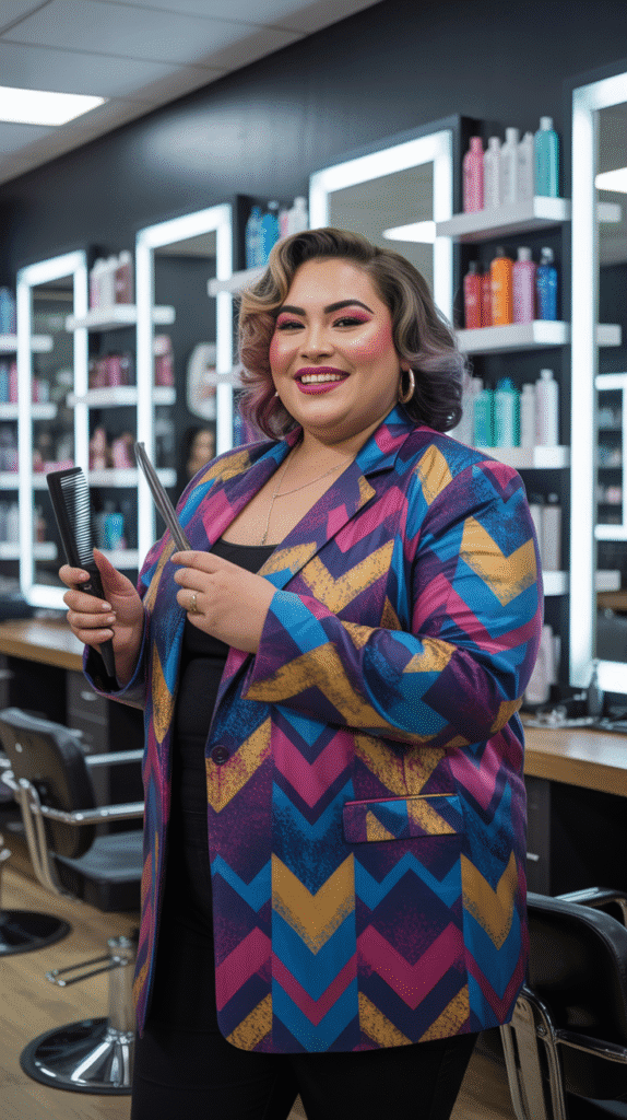 32 Flattering Plus-Size Hairstylist Outfits for Work 10 Bold Print and Pattern Selections