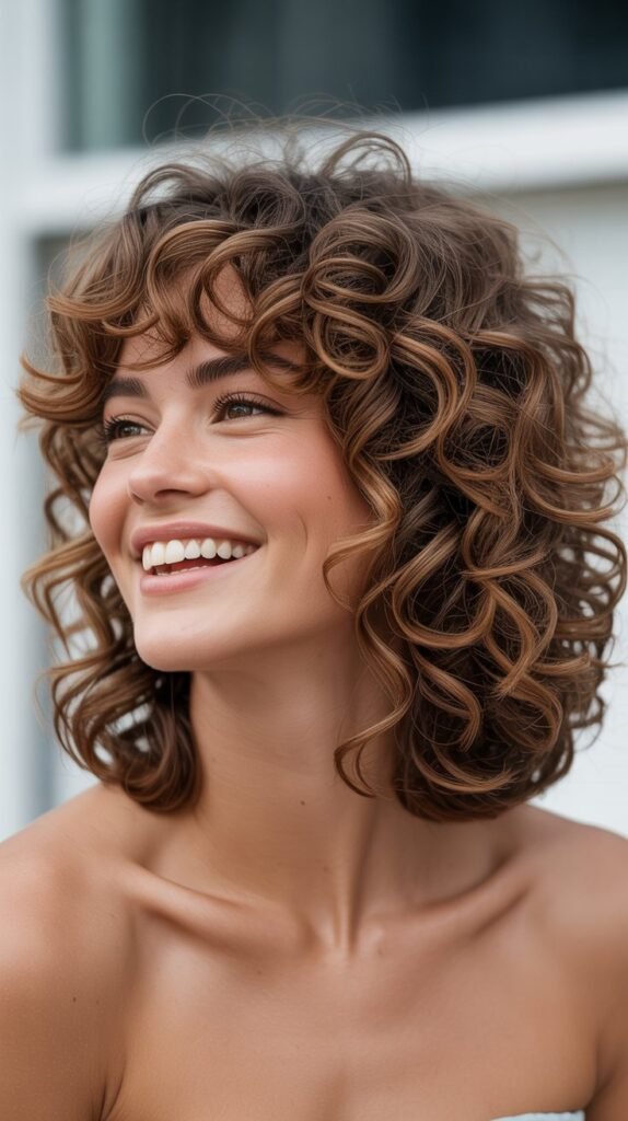  Classic Curly Long Bob with Side-Swept Bangs
