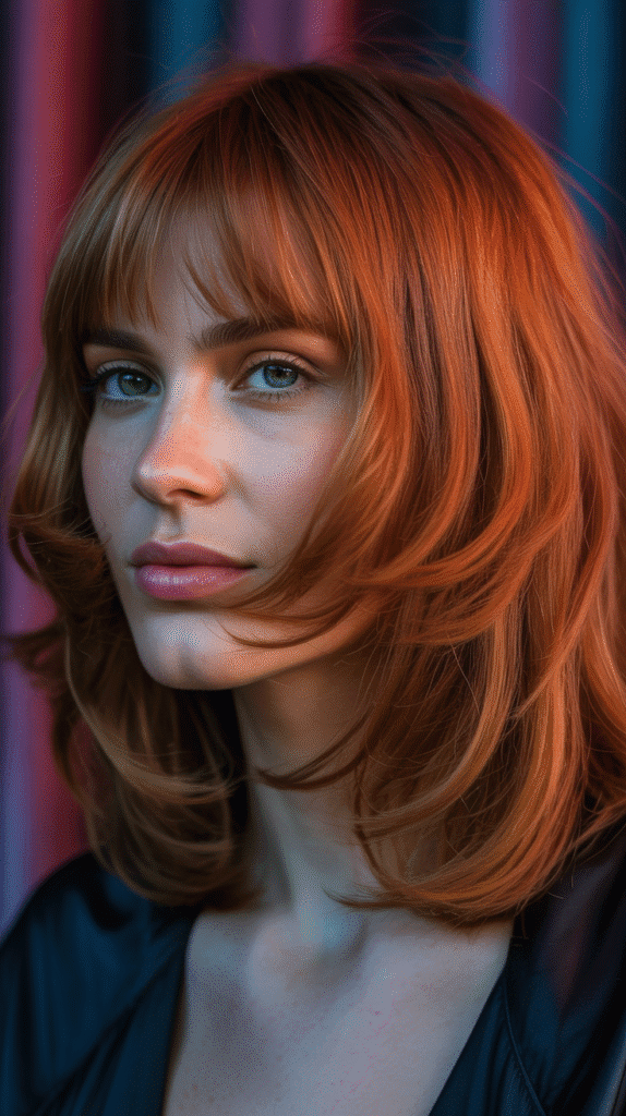 Long Bob with Curtain Bangs and Red Tones