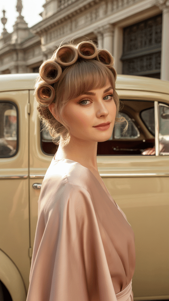 30+ Classy Bridesmaid Updo Hairstyles with Bangs 32 Rolled Crown Updo with Wispy Bangs