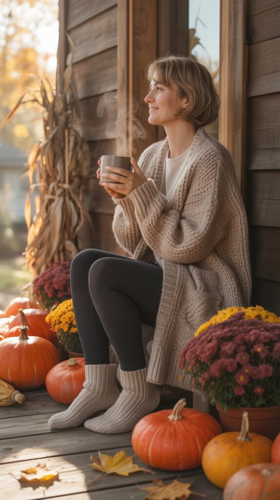 30 Best Casual Fall Outfits for Women 2025 3 Chunky Cardigan with White Tee and Leggings