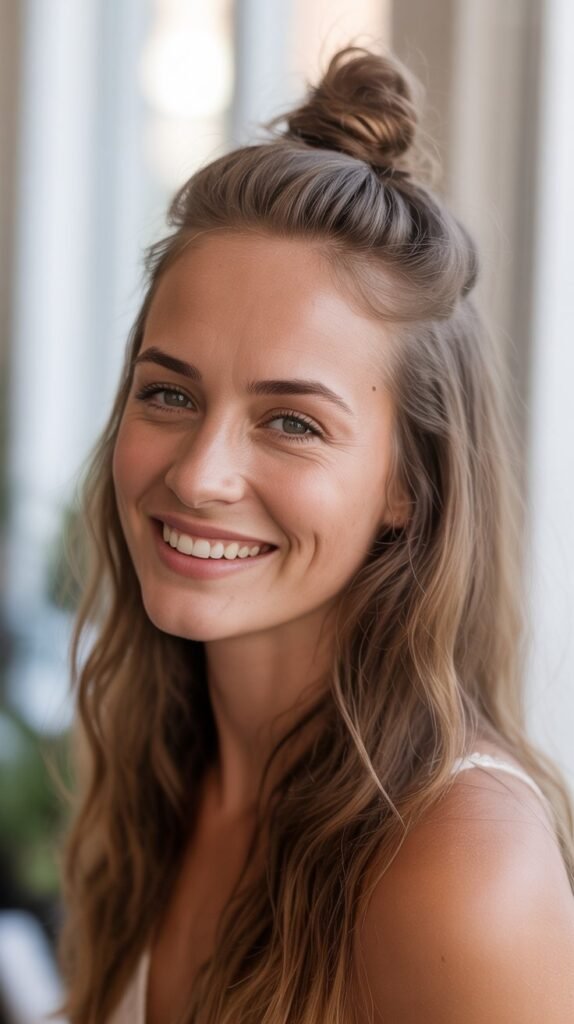 a smiling woman  hairstyles natural      Knotted Half-Up