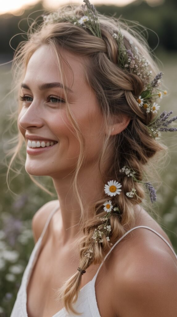 Messy Side Braid with Flowers