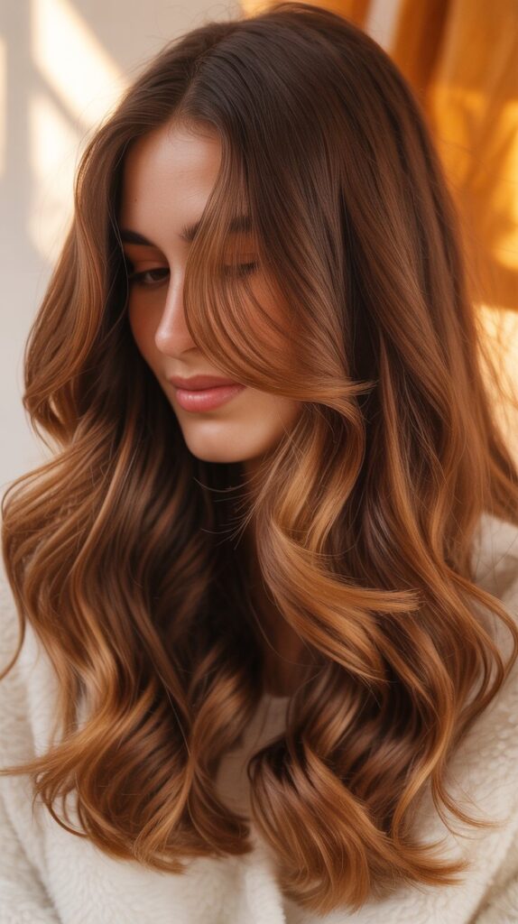 34 Trendy Brunette Balayage Hairstyles with a Money Piece 8 Cinnamon Balayage with Golden Money Piece