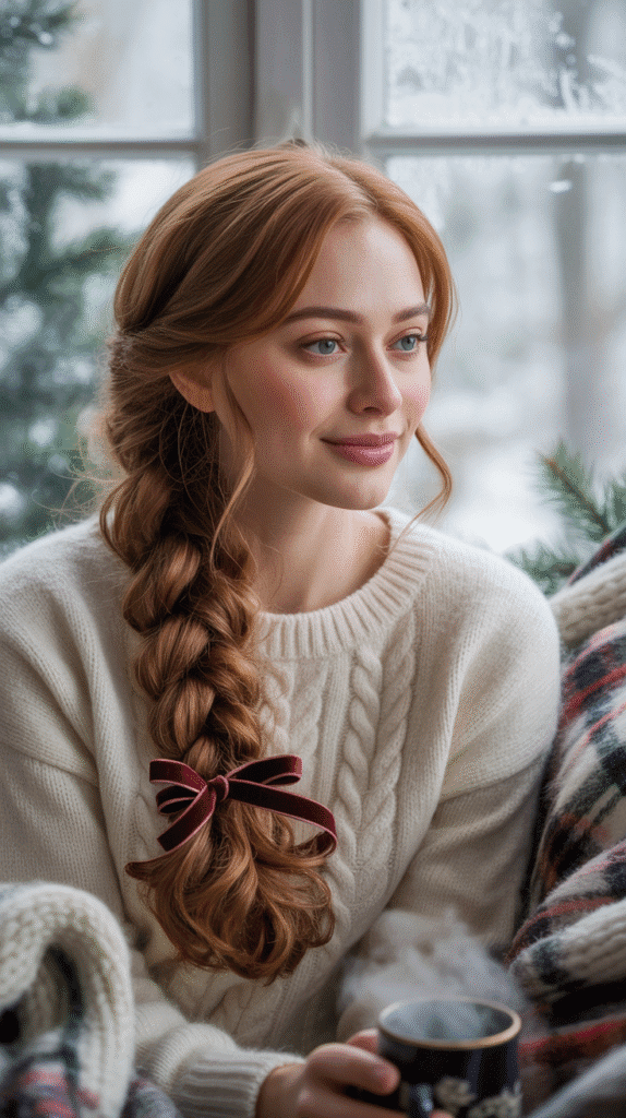 33 Beautiful Cute Winter Hairstyles for Medium Hair 5 Messy Side Braid with Ribbon