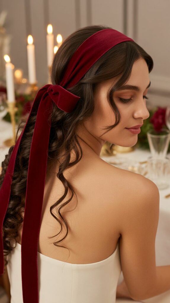 27 Stunning Christmas Tree Hairstyles to Shine Bright at Any Party 17 Velvet Ribbon Headband with Cascading Curls