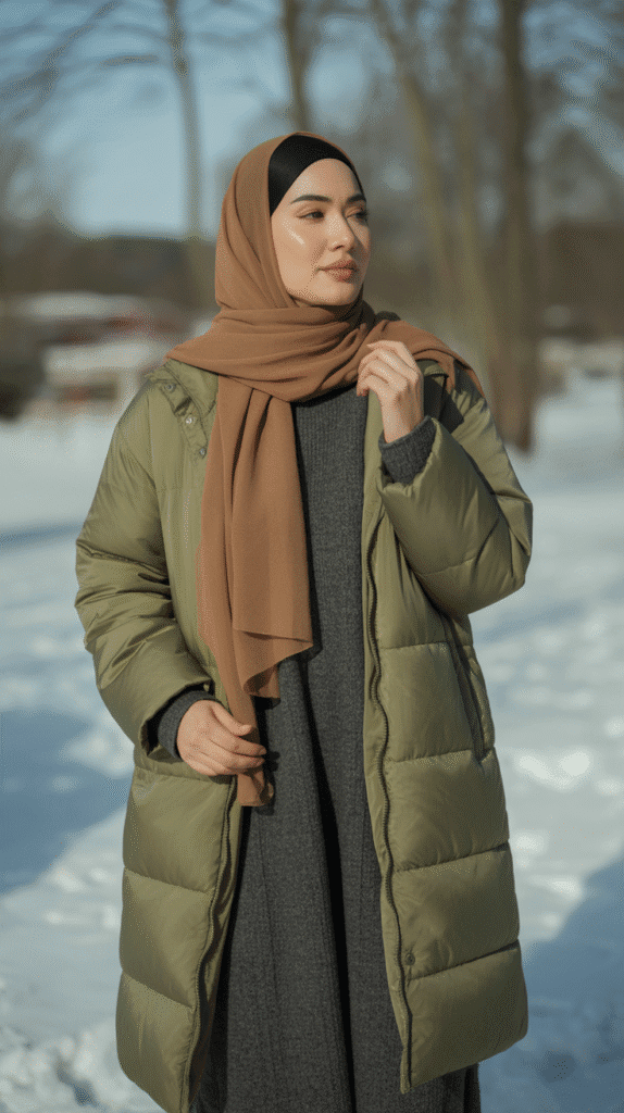 25 Modest Winter Outfits for Women with Hijab That Stay Fashionable 5 Puffer Coat Over Sweater Dress