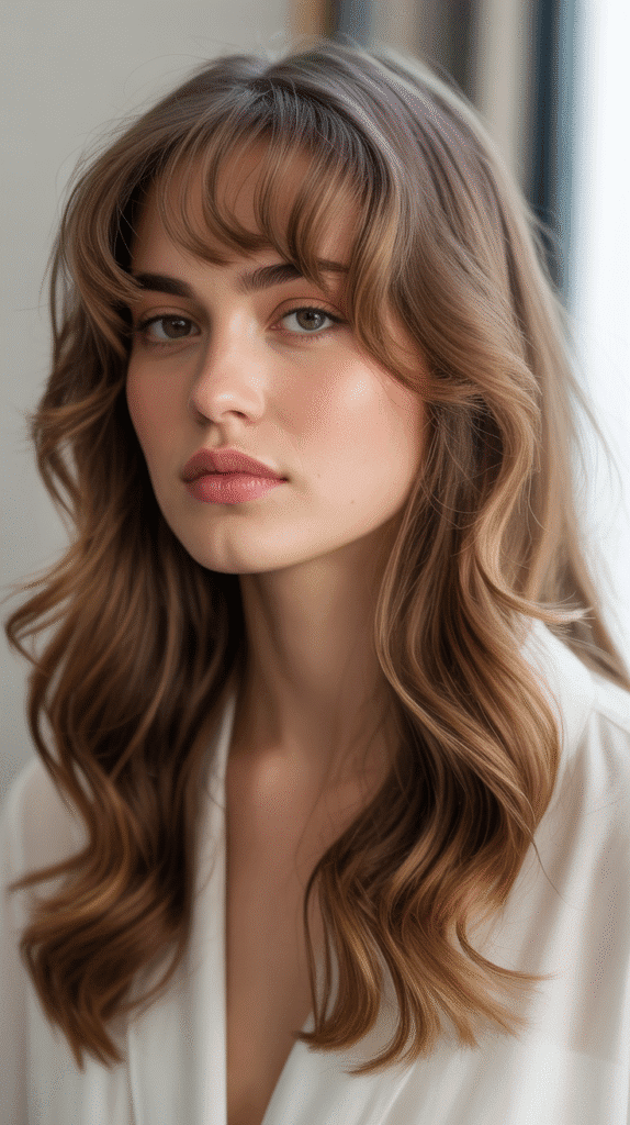 Top 30 Natural Wavy Haircuts Every Woman Will Love 19 Wavy Hair with Swoopy Bangs