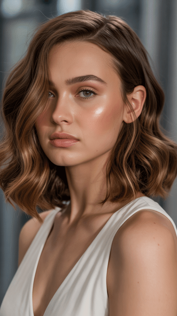 Top 30 Natural Wavy Haircuts Every Woman Will Love 6 Wavy Shoulder-Length Cut with Side Part