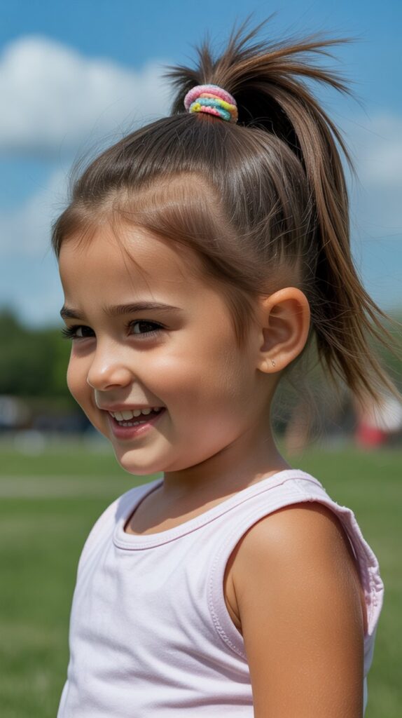 33 Adorable Kids' Hair Ideas That Keep Hair Out of the Face 1 Classic High Ponytail
