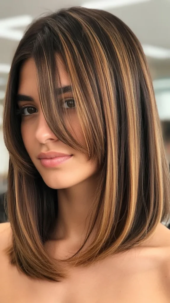  Long Bob with Curtain Bangs and Balayage Highlights