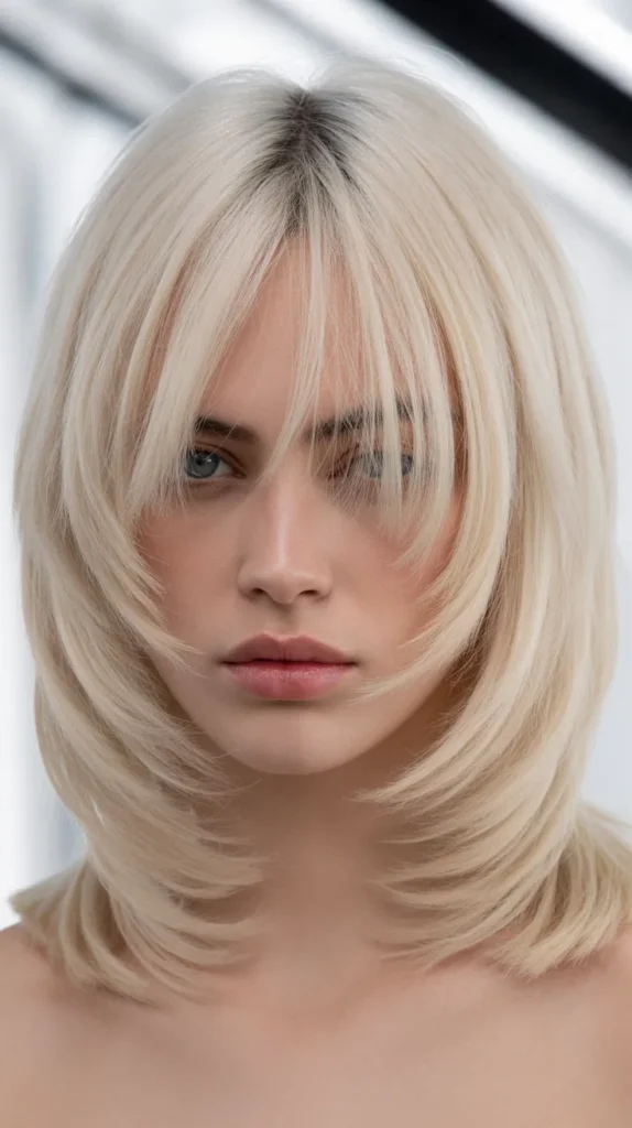  Platinum Blonde Long Bob with Curtain Bangs