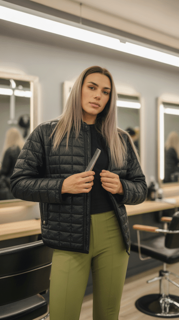 27 Stylish Hairstylist Outfits for Work in Winter 24 Quilted Jacket with Slim-Fit Pants