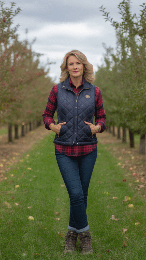 30 Stylish Casual Fall Outfits for Women Over 40 19 Quilted Vest with Flannel and Jeans