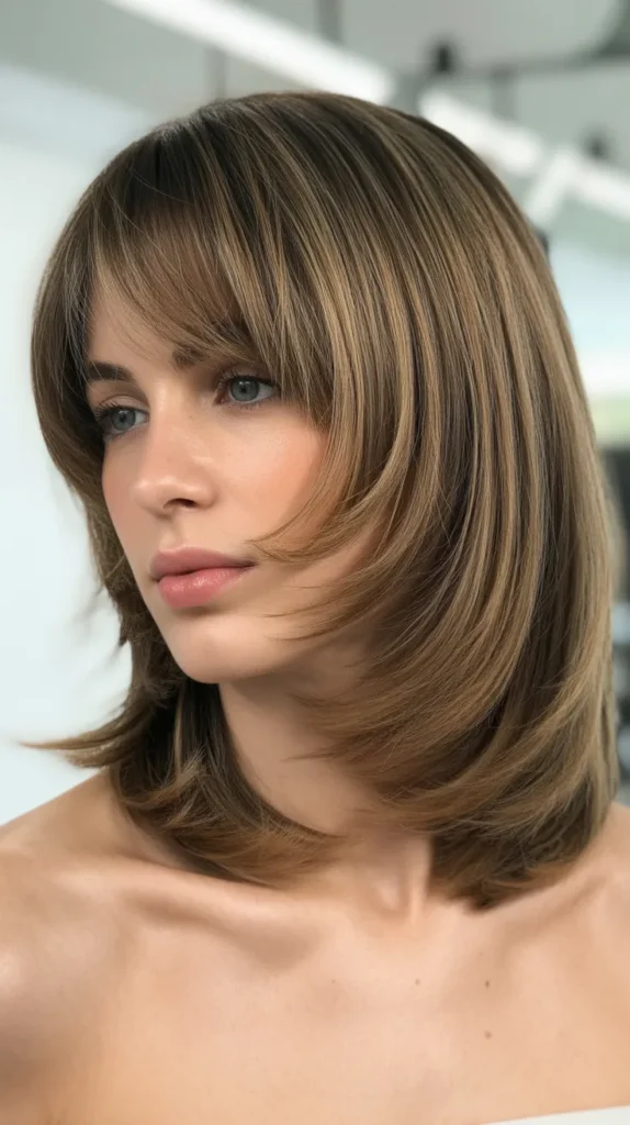 Layered Long Bob with Curtain Bangs for Fine Hair