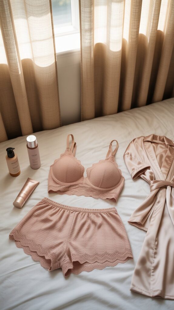 26 Aesthetic Self Care Sunday Outfit Inspirations 8 Matching Bralette and Shorts Sleep Set
