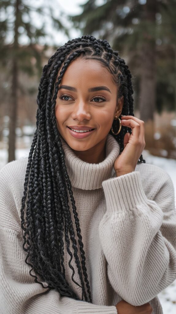 27 Chic Cute Winter Hairstyles for Black Women 1 Box Braids with Curled Ends