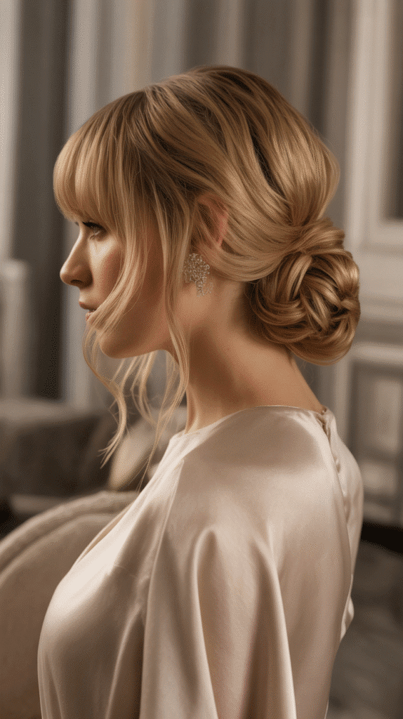 30+ Classy Bridesmaid Updo Hairstyles with Bangs 19 Low Looped Updo with Curtain Bangs