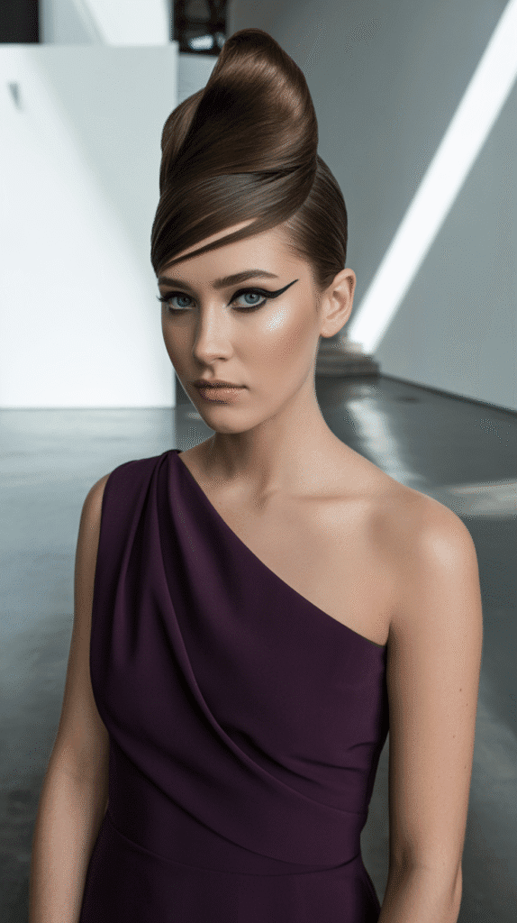 30+ Classy Bridesmaid Updo Hairstyles with Bangs 22 Asymmetric Rolled Updo with Side-Swept Bangs