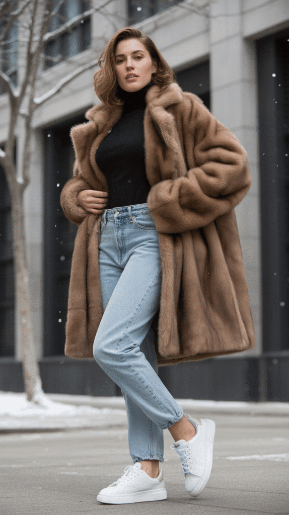 Faux Fur Coat with Denim and Turtleneck