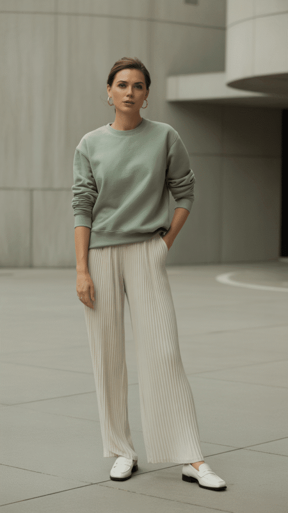 Crewneck Sweatshirt with Pleated Trousers