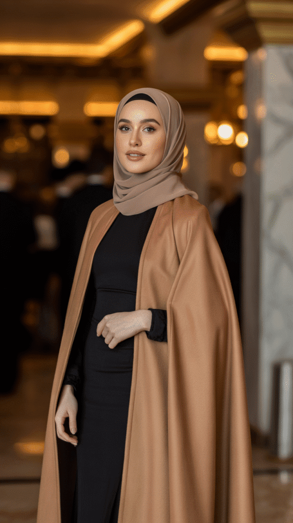 25 Modest Winter Outfits for Women with Hijab That Stay Fashionable 22 Wool Cape Over Dress and Leggings