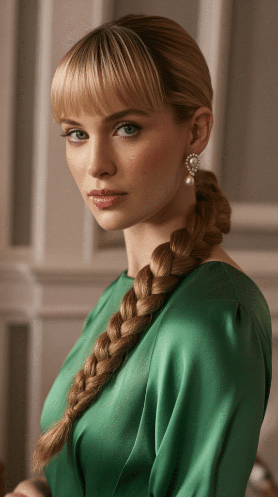 30+ Classy Bridesmaid Updo Hairstyles with Bangs 17 Braided Chignon with Blunt Bangs