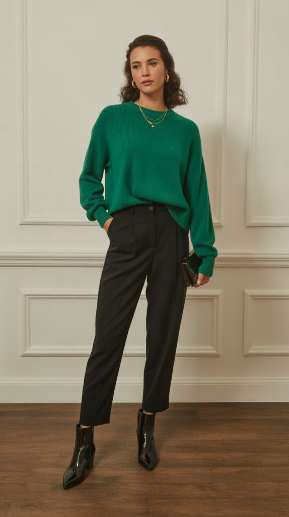 28 Classy Winter Outfits for Women for an Elegant Cold-Weather Look 19 Emerald Green Sweater with Black Trousers