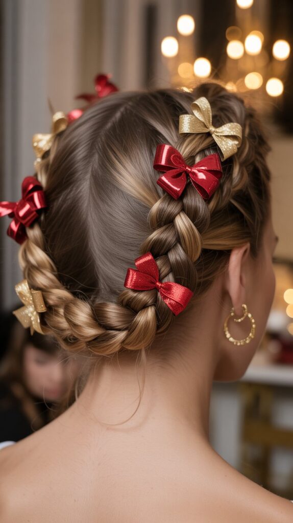 27 Stunning Christmas Tree Hairstyles to Shine Bright at Any Party 22 Braided Gift Ribbon Updo