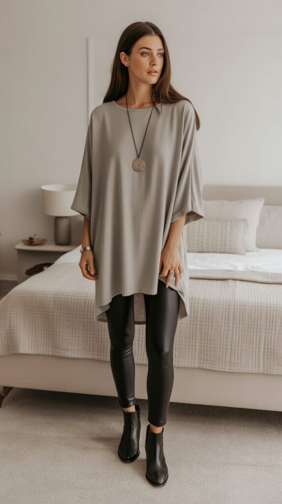 33 Chic Self Care Sunday Outfit Ideas to Dress to Impress 26 . Oversized Tunic with Fitted Bottoms
