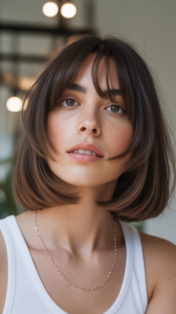  Angled Long Bob with Face-Framing Curtain Bangs