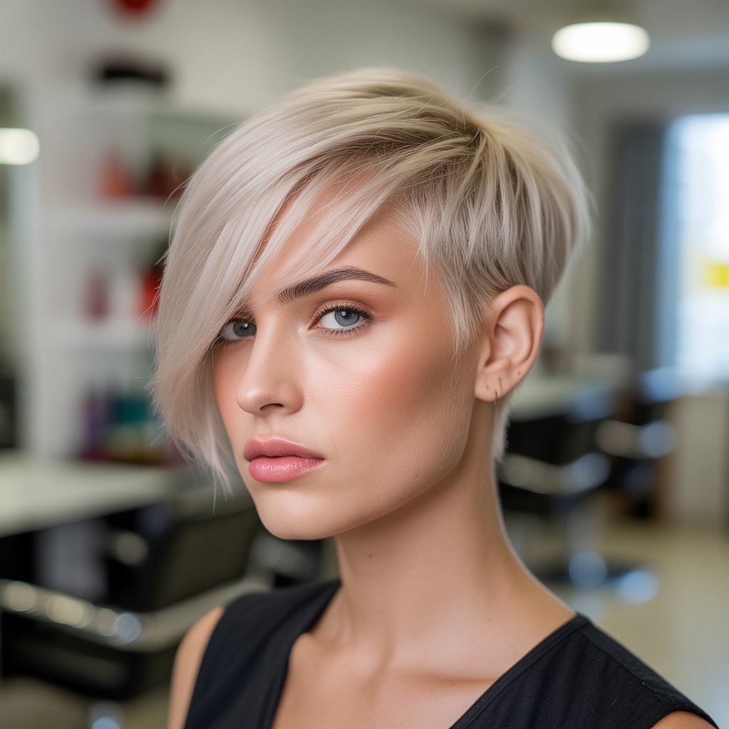 27+ Expert-Approved Hairstyles for Thin Hair and Round Faces 12 Angled Pixie with Long Bangs