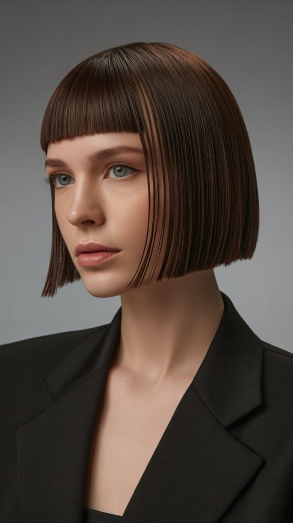 Precision-Cut Long Bob with Sharp Curtain Bangs