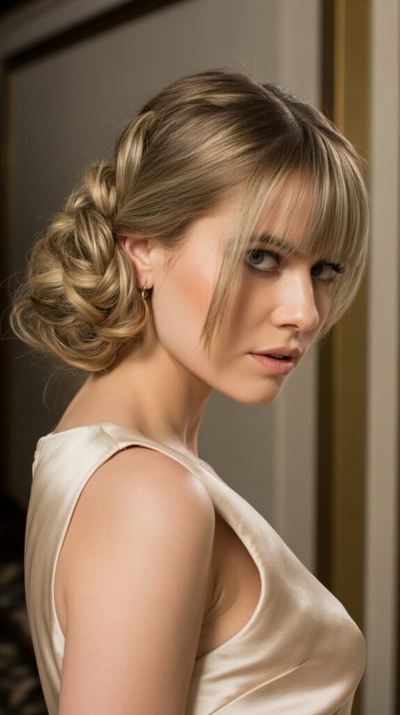 30+ Classy Bridesmaid Updo Hairstyles with Bangs 8 Twisted Low Updo with Asymmetric Bangs