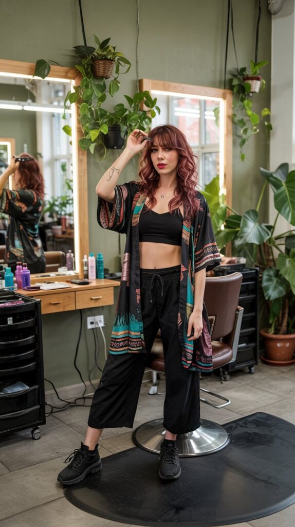 33 Polished Summer Hairstylist Outfits for Work 20 Cropped Flare Pants with Sports Bra and Kimono