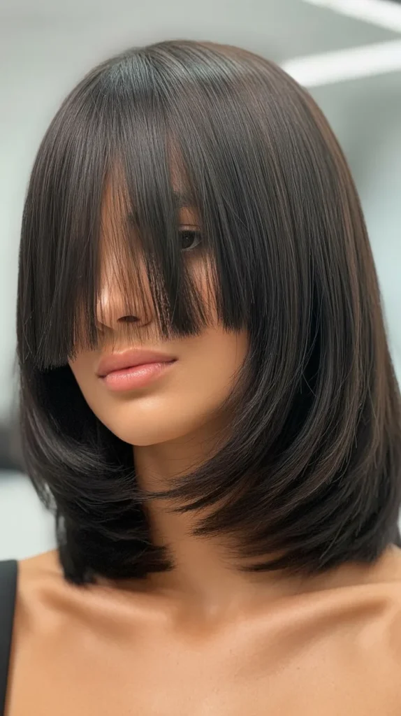 Sleek Shaggy Bob with Blunt Curtain Bangs