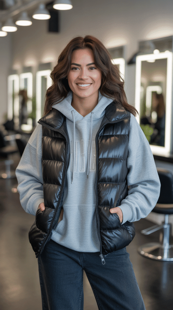 27 Stylish Hairstylist Outfits for Work in Winter 16 Layered Hoodie and Vest Combination
