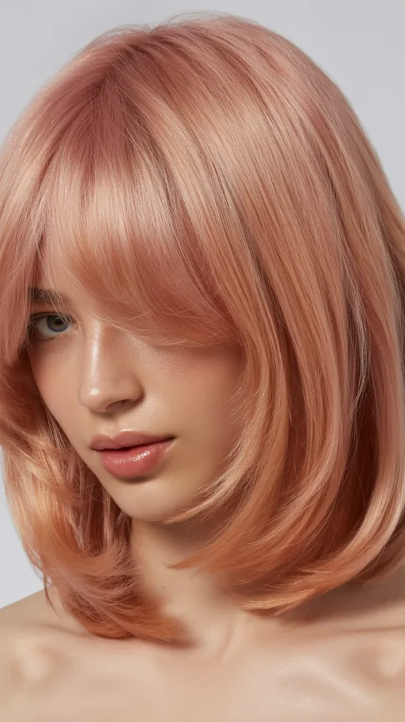 Rose Gold Long Bob with Curtain Bangs