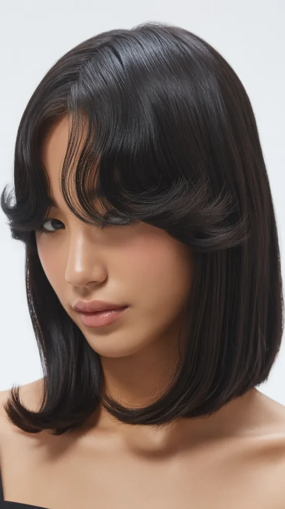 Black Long Bob with Curtain Bangs
