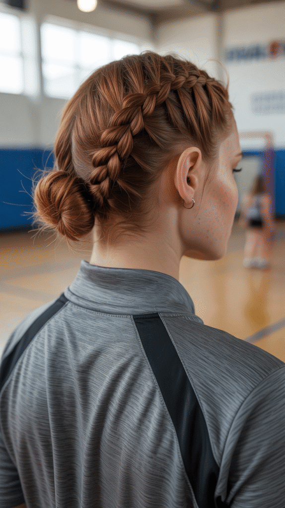 27 Elegant Cute Winter Updo Hairstyles for School 5 Double Dutch Braid into Low Bun