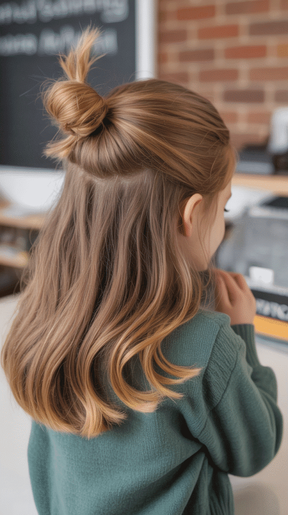 27 Elegant Cute Winter Updo Hairstyles for School 7 Half-Up Twisted Bun