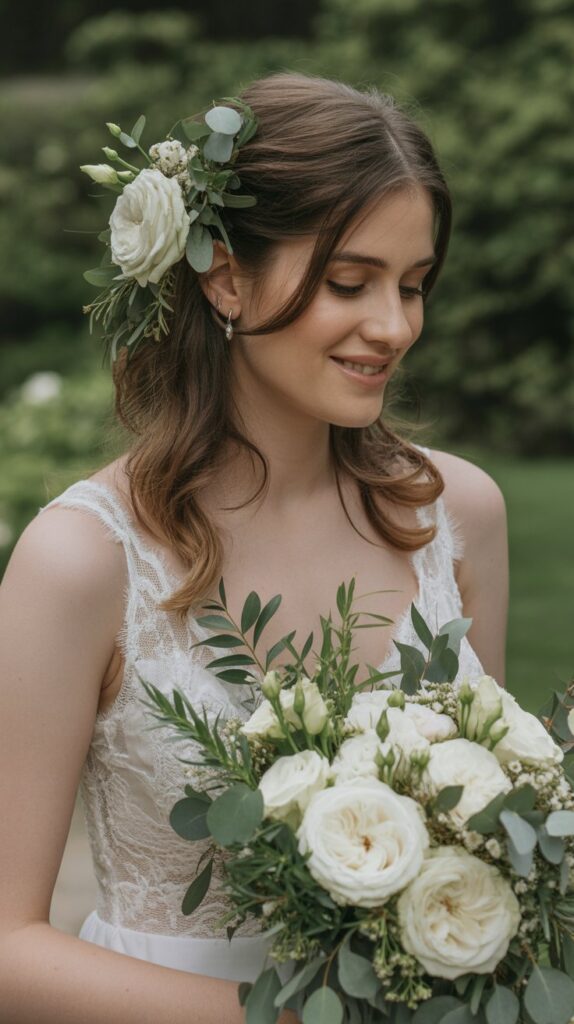 30+ Half-Up, Half-Down Wedding Hairstyles That Will Take Your Wedding Look to the Next Level 7 Half-Up with Fresh Flowers