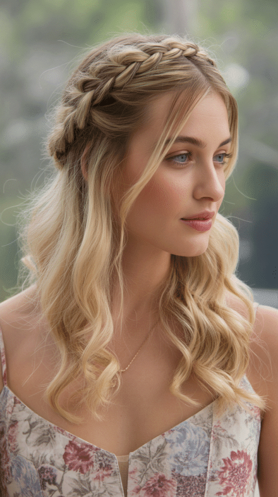 30 Trendy Half-Up Half-Down Hairstyles for HoCo 2025 2 Braided Crown Half-Up