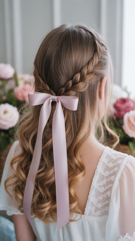 30 Trendy Half-Up Half-Down Hairstyles for HoCo 2025 12 Ribbon-Woven Half-Up