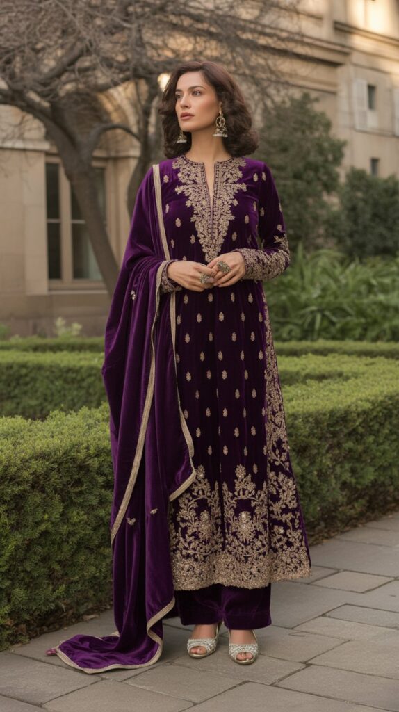 22 Gorgeous Indian Winter Outfits for Women You'll Love 2 Velvet Salwar Kameez