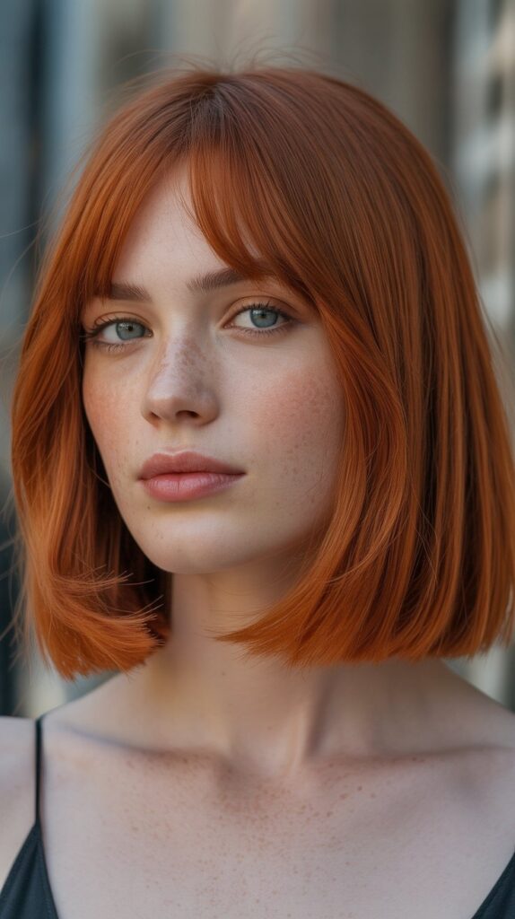  Long Bob with Curtain Bangs and Soft Red Tones
