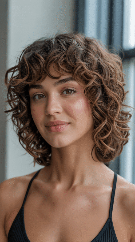  Curly Long Layered Bob with Curtain Bangs