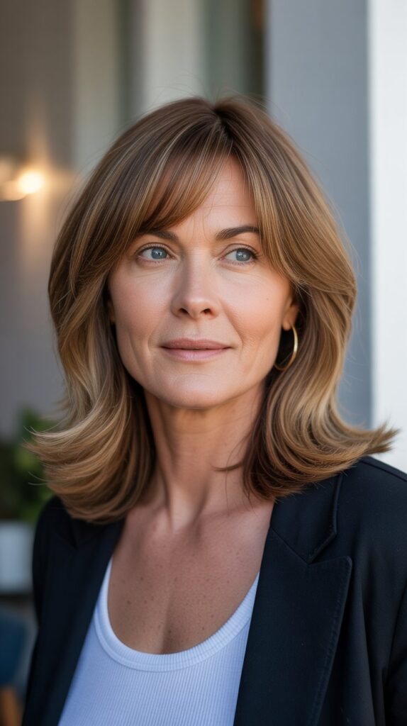 Top 30+ Medium Length Hairstyles for Thin Fine Hair Over 50 7 Layered Cut with Curtain Bangs