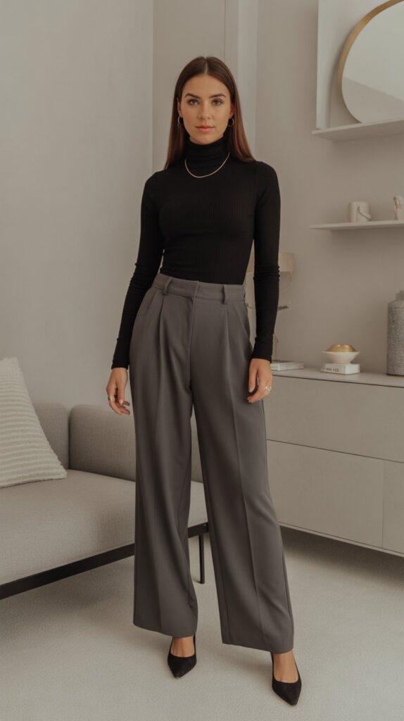 33 Best Casual Fall Outfits for Women at Work 19 Turtleneck Bodysuit with Trousers