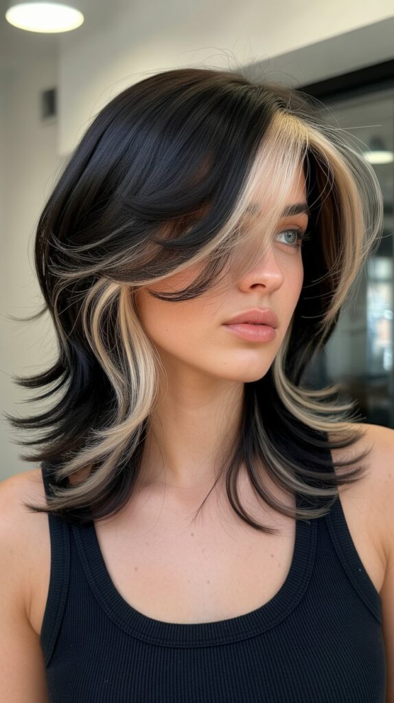 23. Blonde Highlights on Black Layered Hair